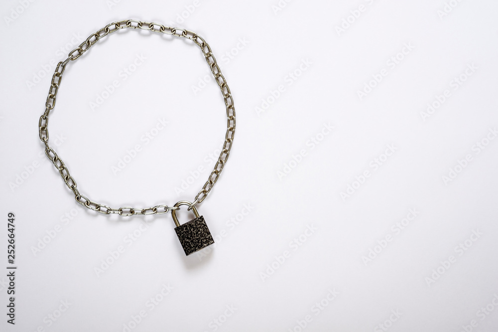 Closed lock with metal chain link fence square on white background. The concept of security of ownership Closed lock with metal chain link fence square on white background. The concept of security of ownership