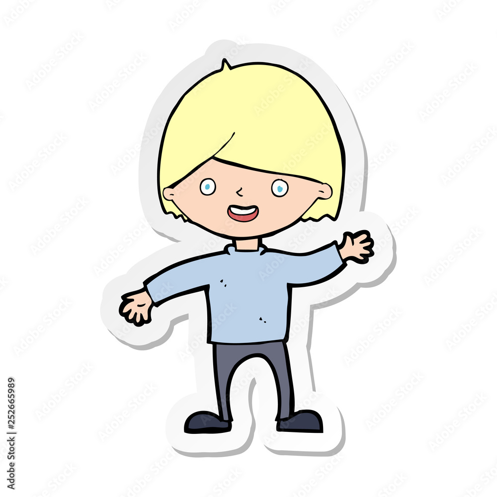 sticker of a cartoon waving boy sticker of a cartoon waving boy