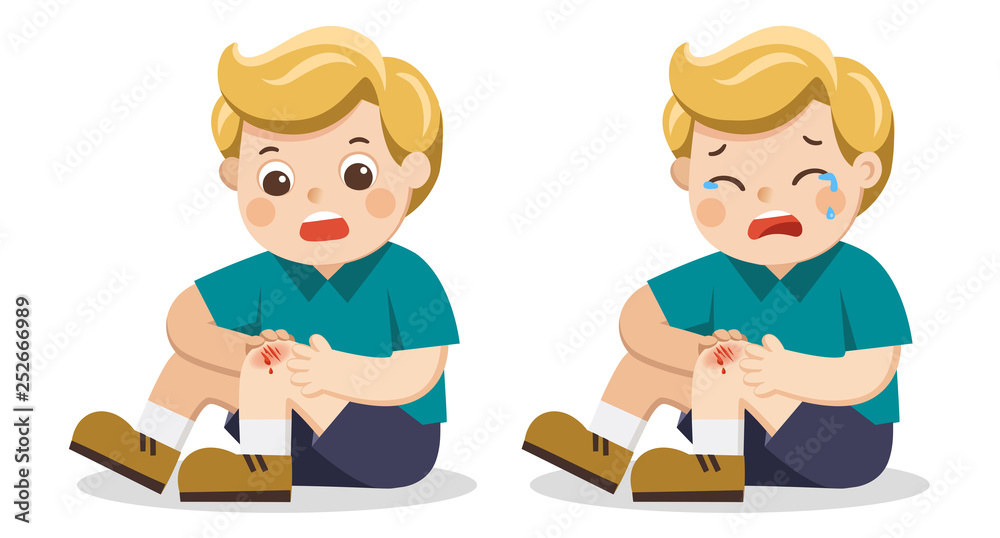 A Boy holding painful wounded leg knee scratch with blood drips. Child