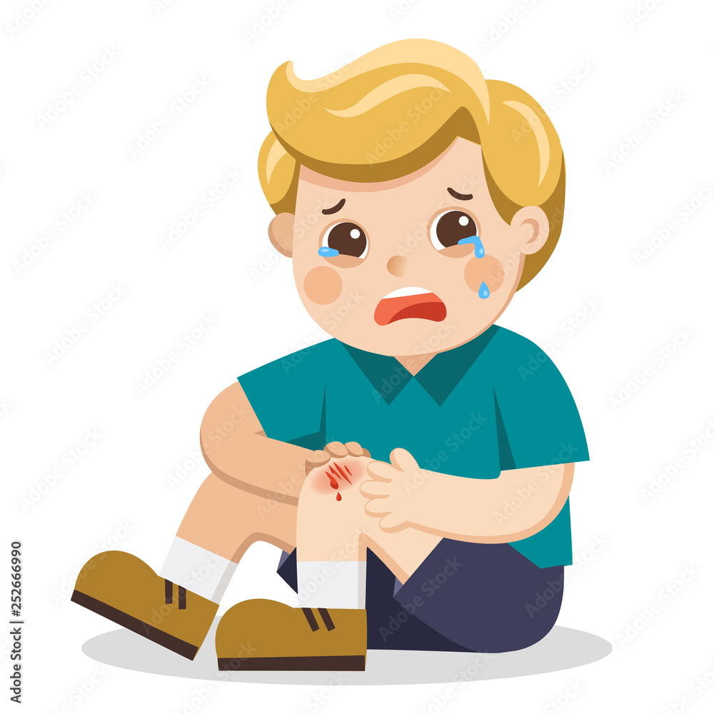 A Boy holding painful wounded leg knee scratch with blood drips. Child broken knee. Bleeding knee injury pain. Kid crying with scraped knee. vector illustration. A Boy holding painful wounded leg knee scratch with blood drips. Child broken knee. Bleeding knee injury pain. Kid crying with scraped knee. vector illustration.