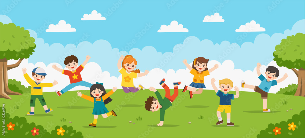 Children's activities. Happy children are jumping on the park.Template ...