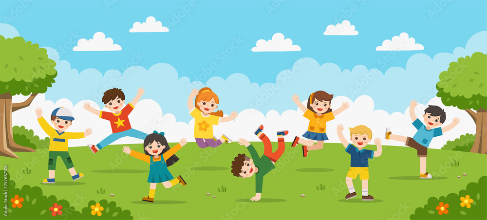 Children's activities. Happy children are jumping on the park.Template for advertising brochure.