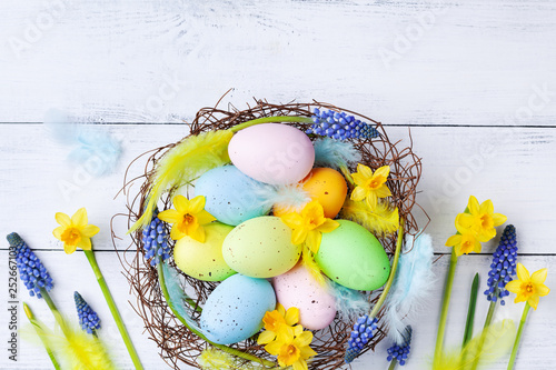 Easter eggs in nest, feather and spring flowers on white table top view. Holiday card or banner.