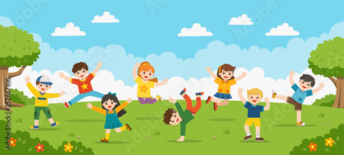 Children's activities. Happy children are jumping on the park.Template for advertising brochure. © yatate
