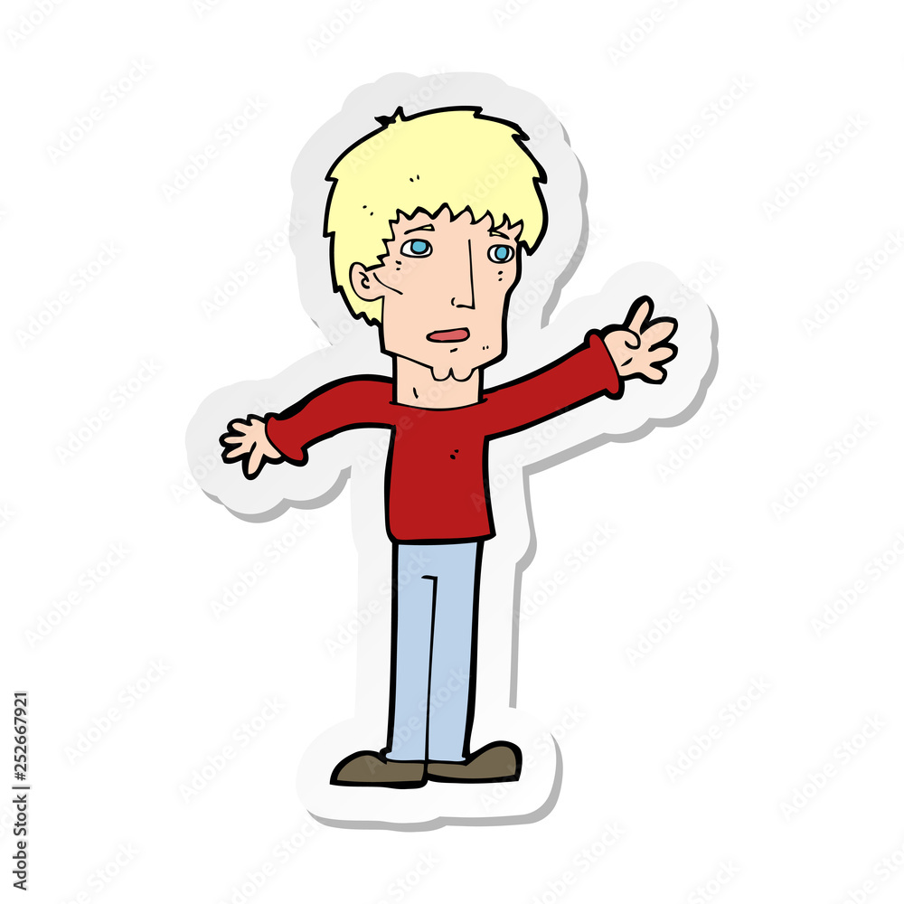 sticker of a cartoon worried man reaching out sticker of a cartoon worried man reaching out