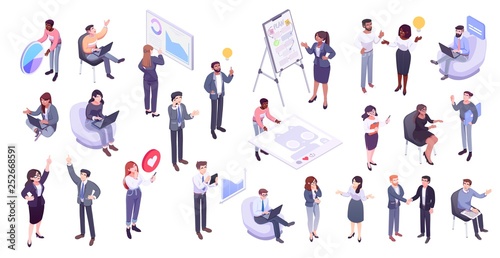 Isometric illustration of office workers and business people: business management, online communication and finance concept