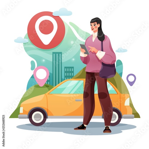 Car sharing service or online taxi service vector illustration. A woman with a smartphone standing near the car.