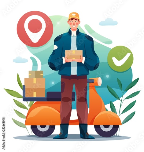 Motorcycle express delivery service. Vector illustration of young man courier delivery services holding a box.