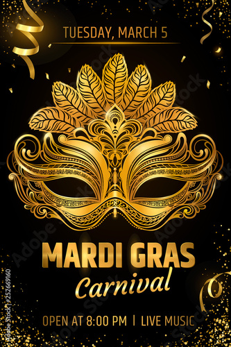 Gold venetian mask. Carnival Party invitation card template. Spring holidays. Vector illustration EPS10.