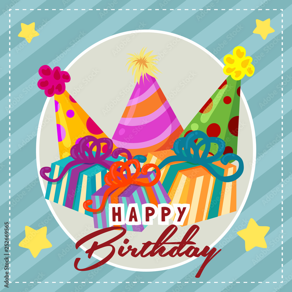 flat style happy birthday card with party hat and present box flat style happy birthday card with party hat and present box