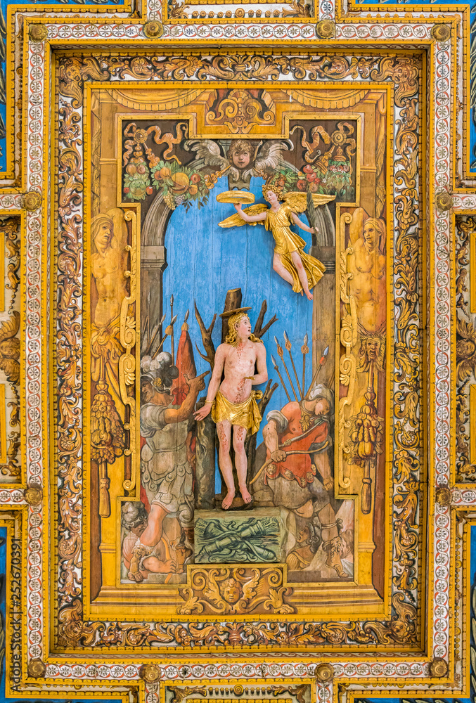 Martyrdom of Saint Sebastian by Annibale Durante in the ceiling of the Basilica of San Sebastiano Fuori Le Mura, in Rome, Italy.