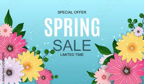 Spring Sale Cute Background with Colorful Flower Elements. Vector Illustration