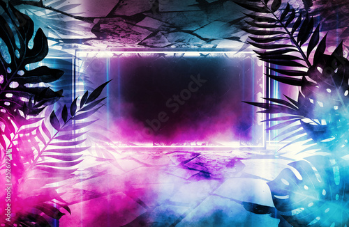 Background of an empty room with brick walls and neon lights. Silhouettes of tropical leaves  colorful smoke