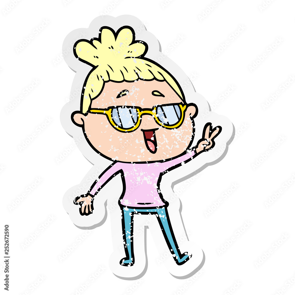 distressed sticker of a cartoon happy woman wearing spectacles
