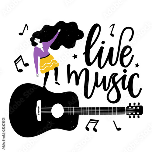 Vector illustration with young long hair woman in skirt dancing on the acoustic guitar. Live Music calligraphy text
