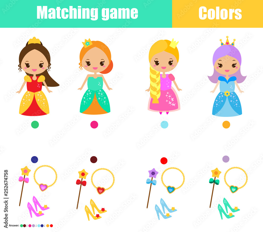 Matching children educational game. Match by color. Connect princess with objects. Learn colors for kids and toddlers Matching children educational game. Match by color. Connect princess with objects. Learn colors for kids and toddlers