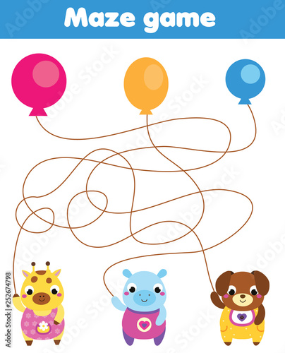 Maze game for children. Connect animals with balloons. Fun activity for pre school kids and toddlers