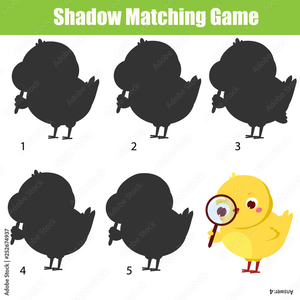 Educational children game. Shadow matching. Kids activity for pre school age. Funny Cartoon chicken