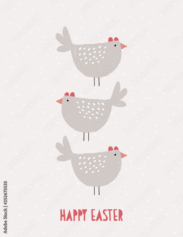 Happy Easter Lovely Abstract Vector Card. Folk Role Style Easter Illustration. 3 Funny Hens on a Light Beige Grunge Background. Cute Nursery Art. Pastel Color Design with Hand Drawn Chickens. Happy Easter Lovely Abstract Vector Card. Folk Role Style Easter Illustration. 3 Funny Hens on a Light Beige Grunge Background. Cute Nursery Art. Pastel Color Design with Hand Drawn Chickens.