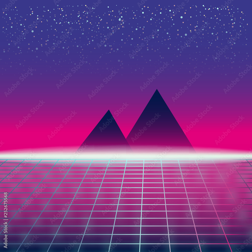 Synthwave Retro Futuristic Landscape With Pyramids And Styled Laser Grid. Neon Retrowave Design And Elements Sci-fi 80s 90s Space. Vector Illustration Template Isolated Background