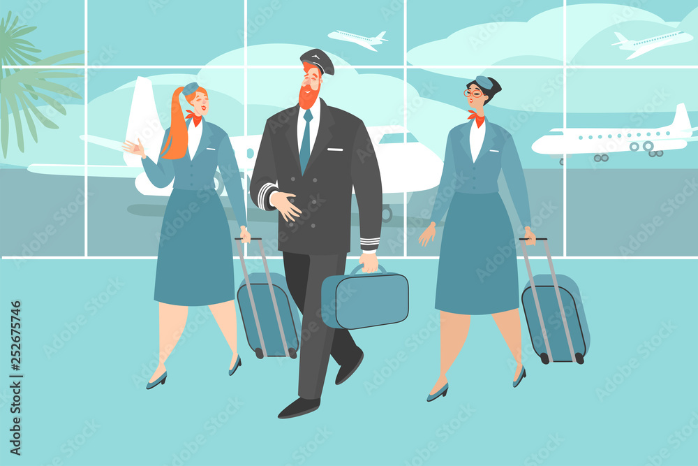Vector illustration of an airplane crew at the airport