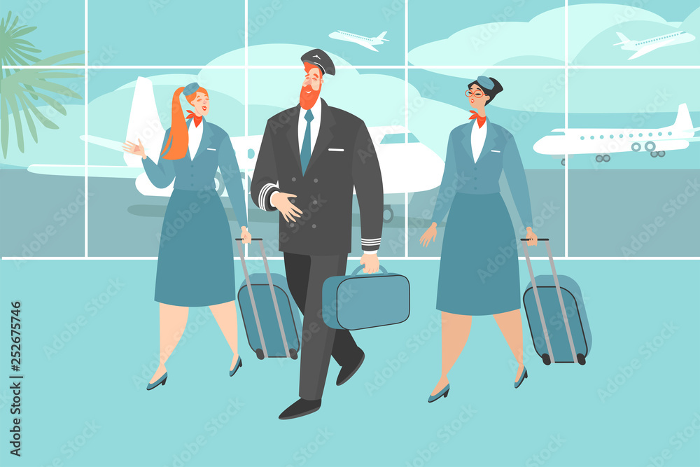 Obraz premium Vector illustration of an airplane crew at the airport