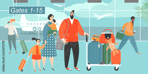 Vector illustration of a happy family traveling with two children at the airport