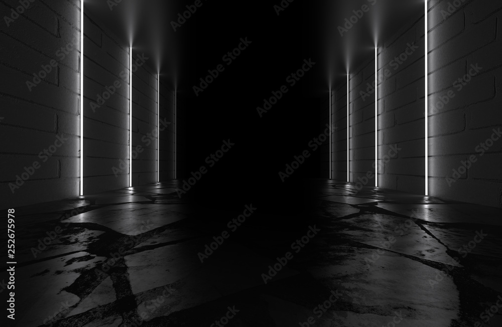 Background of empty room, tunnel. Concrete coating. Laser lines. Smoke