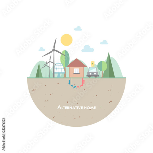 green energy eco friendly  house alternative smart home concept wind turbines solar panels and geothermal power  landscape background flat vector illustration