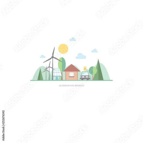green energy eco friendly house alternative smart home concept wind turbines solar panels landscape background flat vector illustration