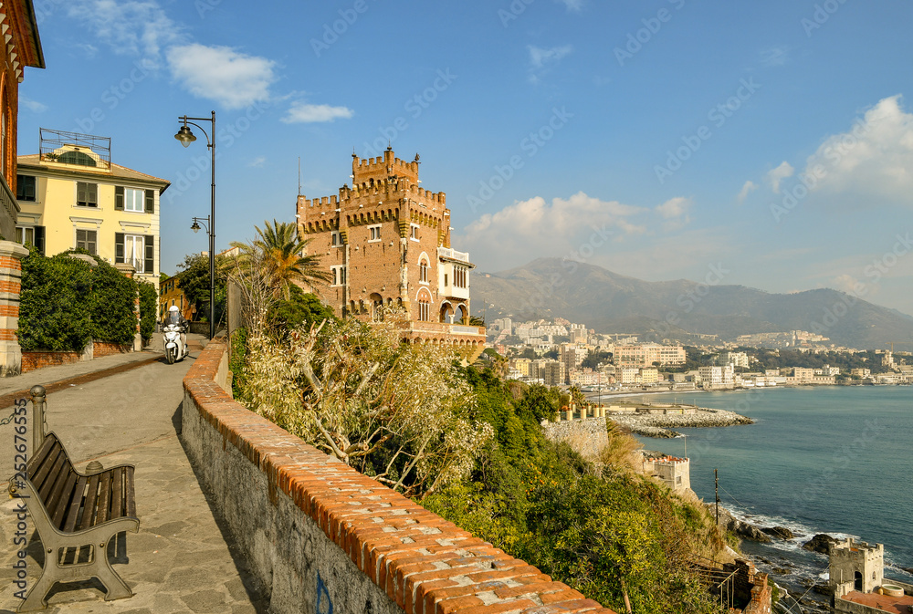 Scenic view from a panoramic street in the old fishing village of Boccadasse with the Turke Castle, built in 1903 in eclectic style, Boccadasse, Genoa, Liguria, Italy