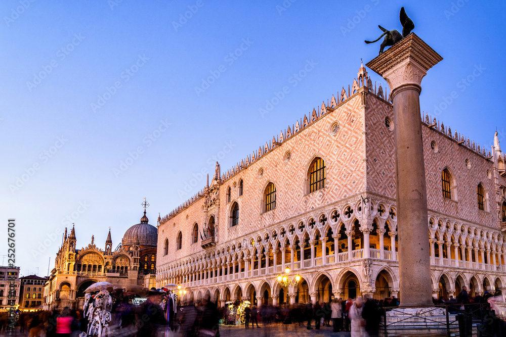 Long exposure late evening view of of the Doge's Palace and St. Mark's Basilica in Venice, Italy.