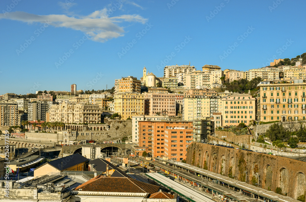 Aerial view of the railway tracks of Piazza Principe train station in a sunny day, Genoa, Liguria, Italy