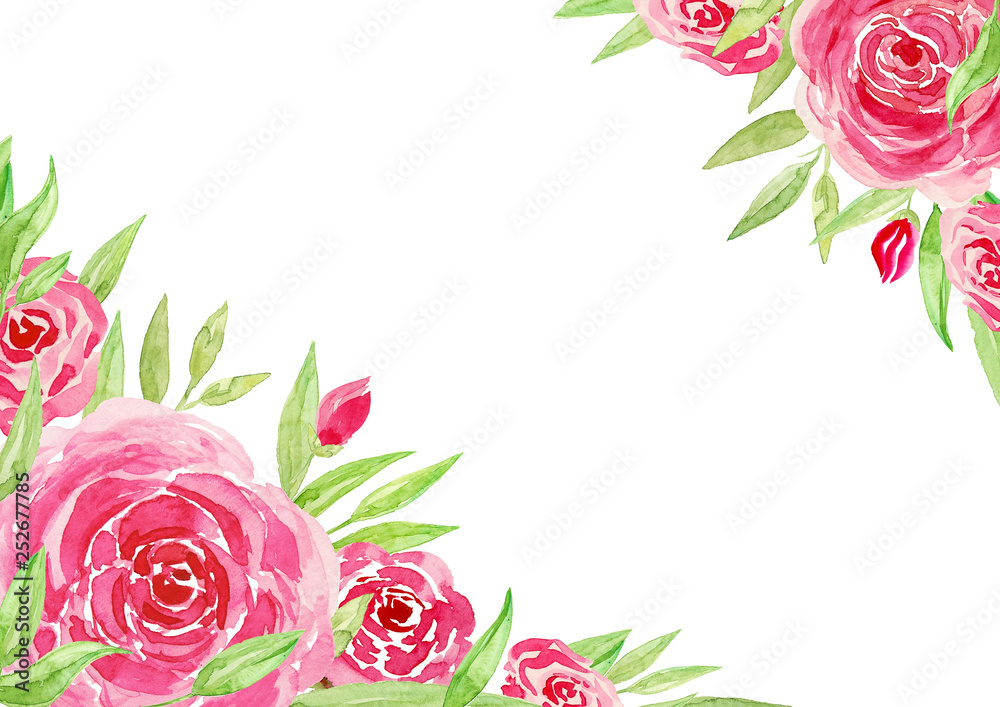 Watercolor  background with roses and leaves. Paint flowers for greeting card. Hand drawn plants. Greeting card with watercolor roses. Template with flowers