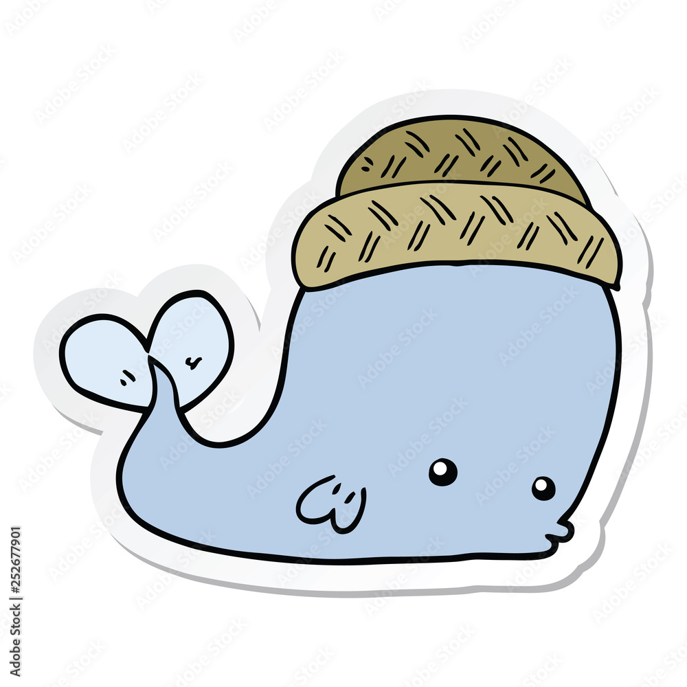 sticker of a cartoon whale wearing hat sticker of a cartoon whale wearing hat