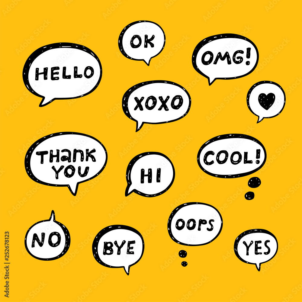 Hand drawn set of speech bubbles with handwritten short phrases yes xoxo hello hi oops no cool thank you bye ok omg Hand drawn set of speech bubbles with handwritten short phrases yes xoxo hello hi oops no cool thank you bye ok omg