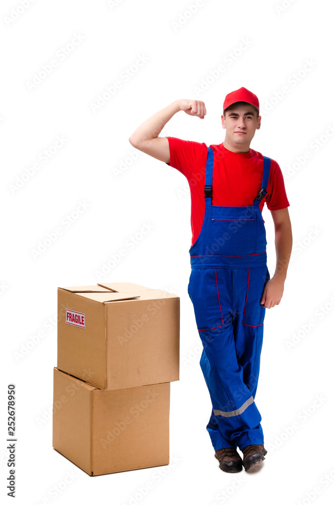 Young male courier with box isolated on white Young male courier with box isolated on white
