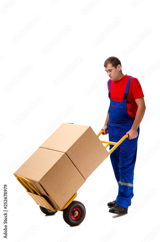 Young male courier with box isolated on white Young male courier with box isolated on white