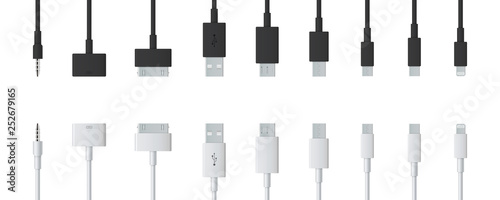 Creative vector illustration of cellphone usb charging plugs cable isolated on transparent background. Art design smart phone universal recharger accessories. Type-c interfaces, connect ports element photo