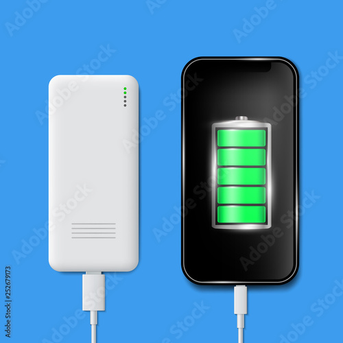 Creative vector illustration of full charged battery smartphone with cellphone usb plugs cable isolated on background. Art design universal recharger accessories. Abstract concept graphic element