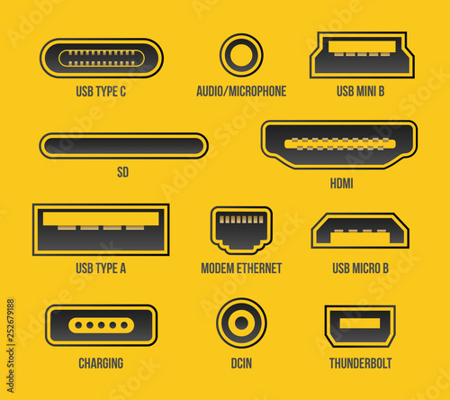 Creative vector illustration of usb computer universal connectors icon symbol isolated on transparent background. Mini, micro, lightning, type A, B, C plugs design. Abstract concept graphic element