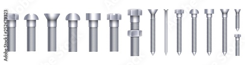 Creative vector illustration of steel brass bolts, metal screws, iron nails, rivets, washers, nuts hardware side view isolated on transparent background. Art design abstract concept graphic element