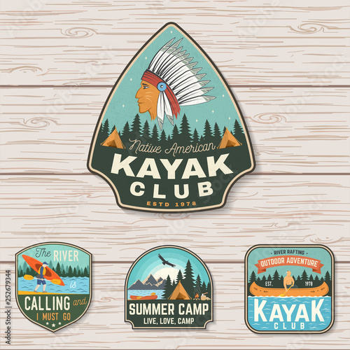 Set of summer camp, canoe and kayak club badges. Vector. Concept for patch. Retro design with camping, mountain, river, american indian and kayaker silhouette. Extreme water sport kayak patches