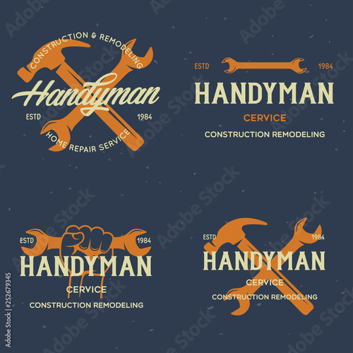 Handyman labels badges emblems and design elements. Tools silhouettes. Carpentry related vector vintage illustration.