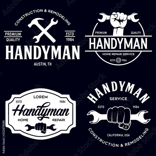 Handyman labels badges emblems and design elements. Tools silhouettes. Carpentry related vector vintage illustration.