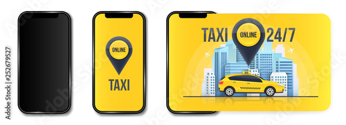 Creative vector illustration of taxi online service banner, urban city skyscrapers isolated on transparent background. Art design mobile app template. Abstract concept graphic element