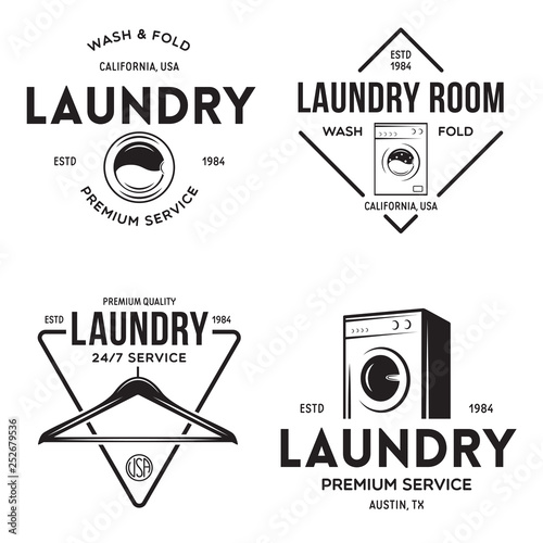 Set of labels or logos for laundry service. Vector emblems and design elements. Laundry logo and household wash templates and badges.