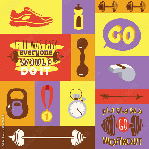 Dumbbell vector fitness gym weight equipment dumb-bells kettlebell medal sportive shoes illustration set of backdrop bodybuilding heavy barbell sport workout background