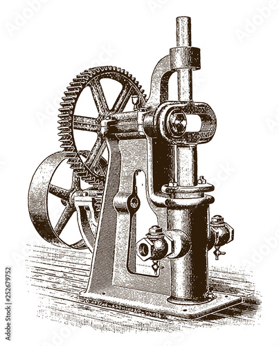 Antique geared power boiler feed pump, after an engraving or etching from the 19th century