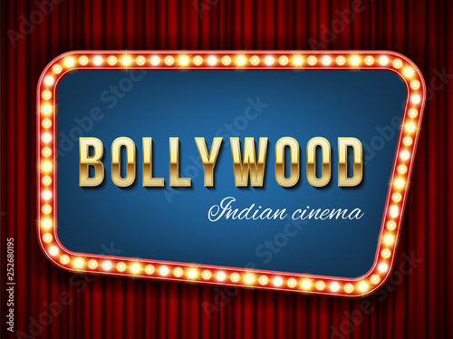 Creative vector illustration of bollywood cinema background. Art design indian movie, cinematography, theater banner or poster template. Abstract concept graphic film board element on red curtains